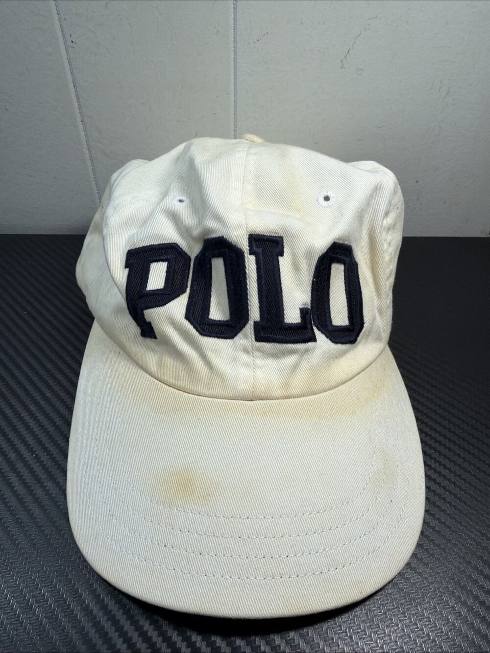 Vintage Polo Ralph Lauren Spellout Logo Baseball Hat Men Beige Embroidered R2